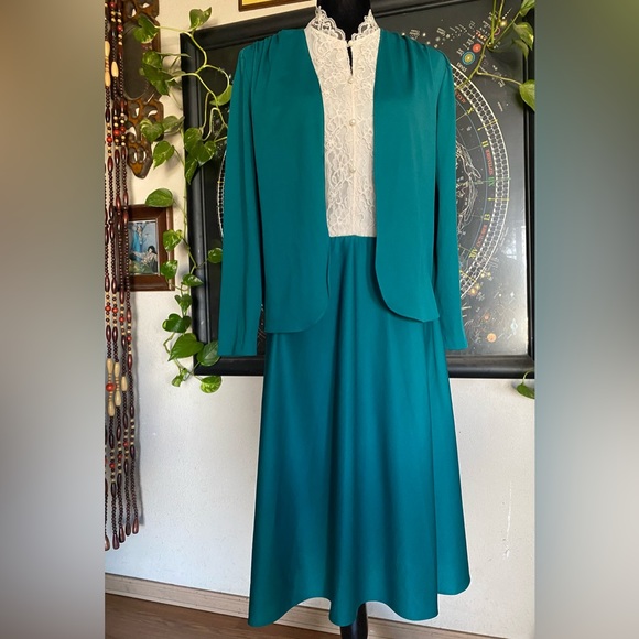 VTG 70’s Good Times Secretary Dress Set! Size Large! Turquoise/Cream! - Picture 1 of 10